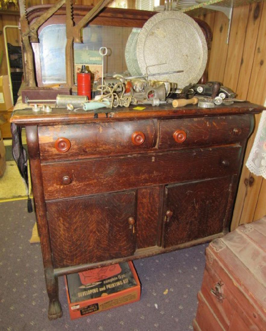 Oak Sideboard: Approx. 21" x42" x 55" tall. Has wear to it.
