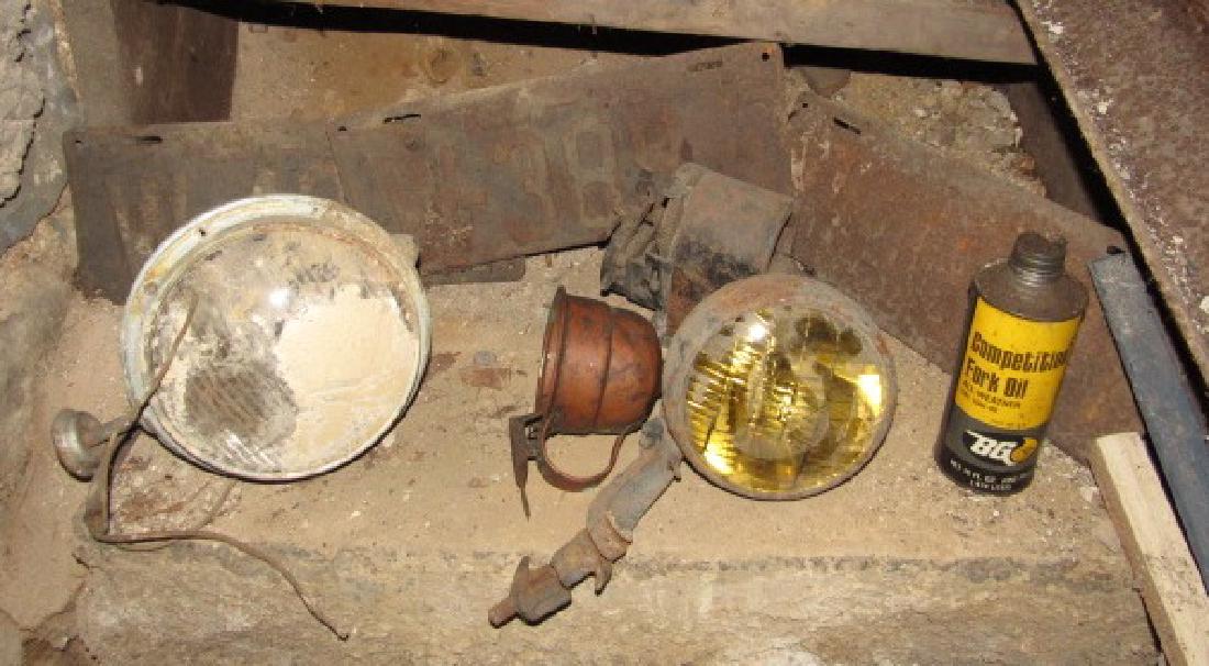 Car Lights License Plates Motorcycle Oil Lot: Also include Eisemann Magneto for parts, and copper funnel.