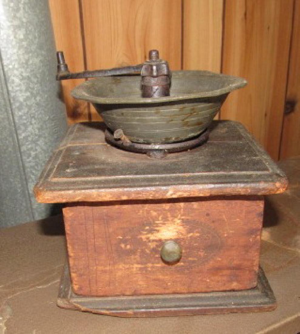 Antique Coffee Grinder: Approx. 6 1/4" x 6 1/2" at base. Base has some damage and top needs screws put in it.