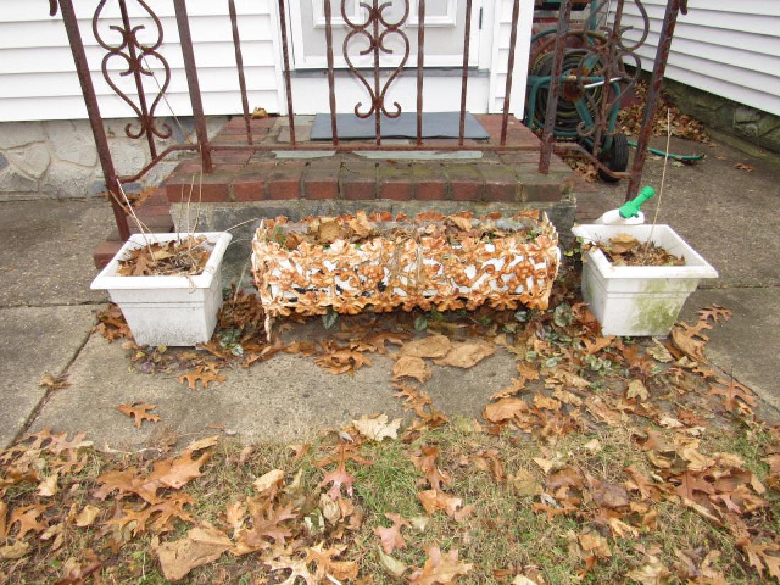 Cast Iron Planter: Approx. 8" x 33" x 14" tall. 2 plastic also included