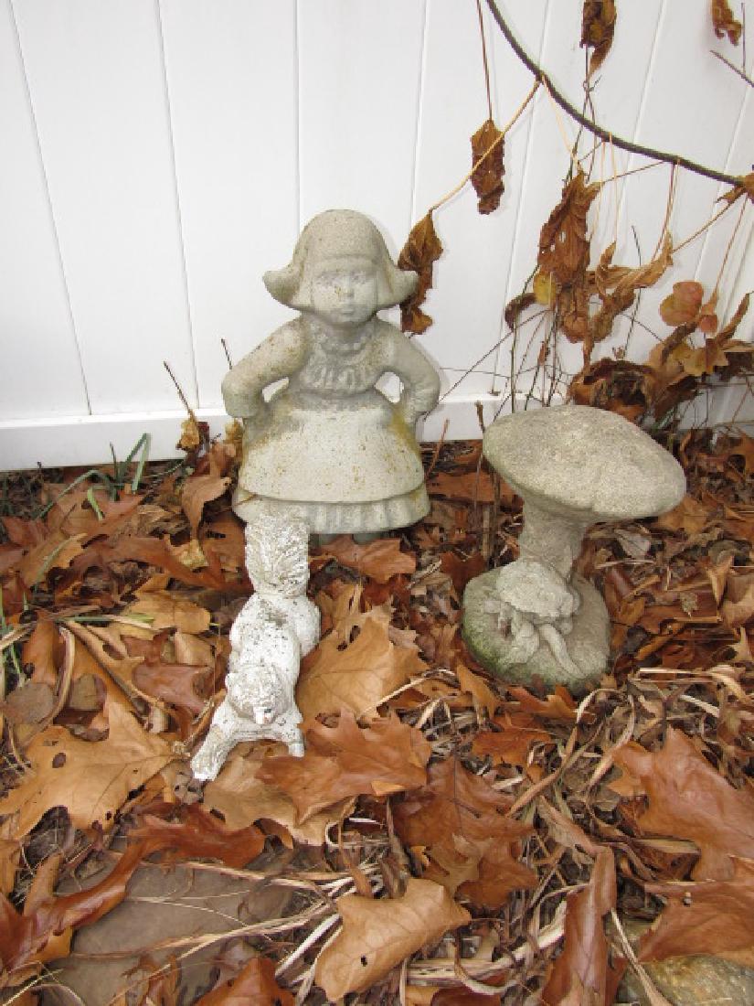 Concete Dutch Girl Mushroom & Squirrel: Dutch Girl is approx. 20" tall. Squirrel has damage to legs