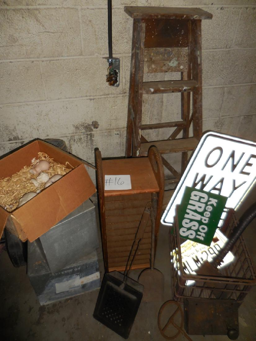 Doll heads, Street Sign, Letter Organizer: Incl. ladder, metal crate, axe, license plates, etc