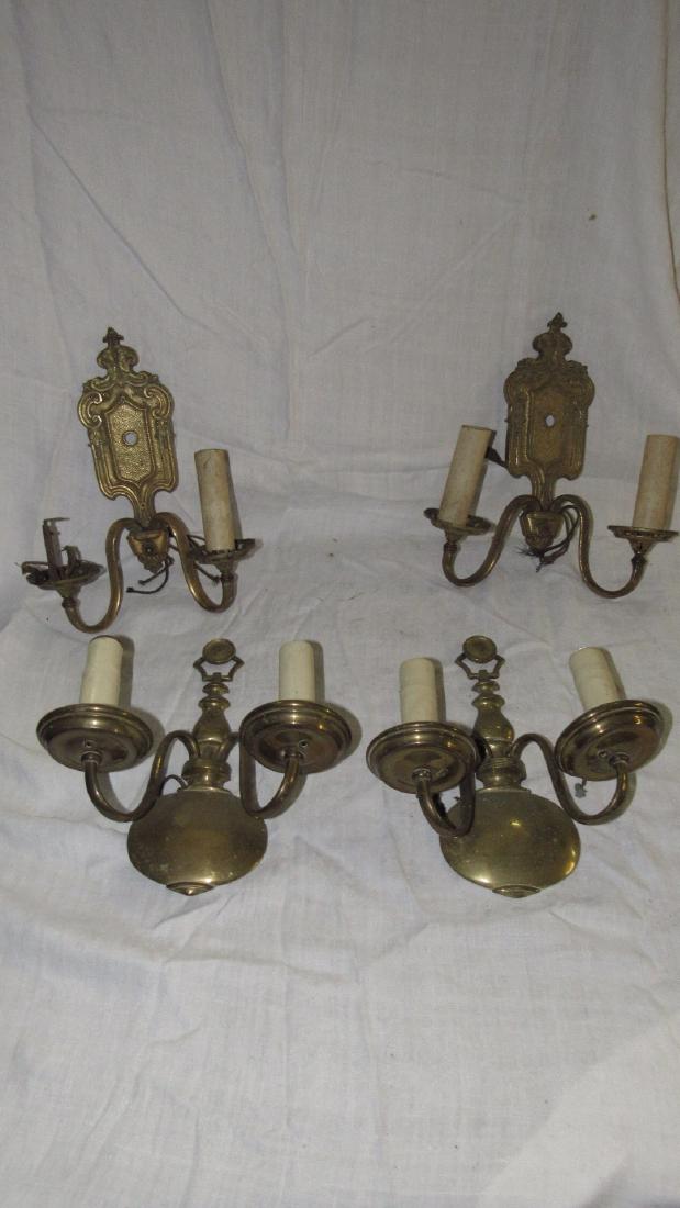 Electic Brass Wall Sconces Halcolite: 2 Marked Halcolite are approx 9" wide and 11 1/2" tall. Other 2 are 9 1/4" x 10 1/2" tall. Need to be rewired.