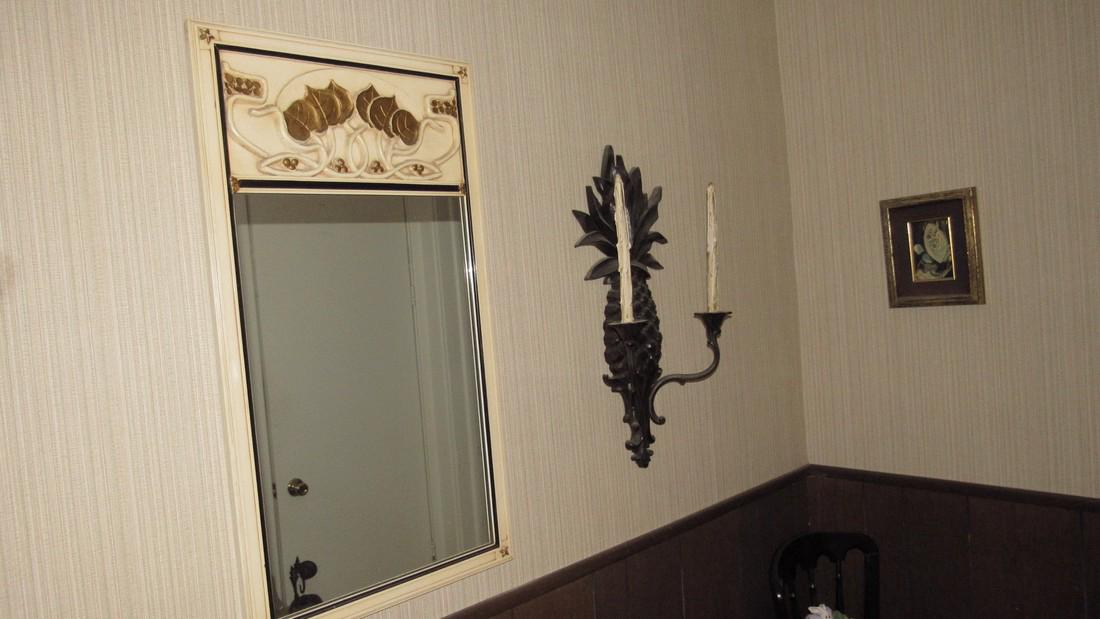 Mirror Van Sciver Syroco Pine Apple Sconce: Mirror is approx. 18 1/2" x 34" . Candle Sconce is approx, 26" . Also includes print