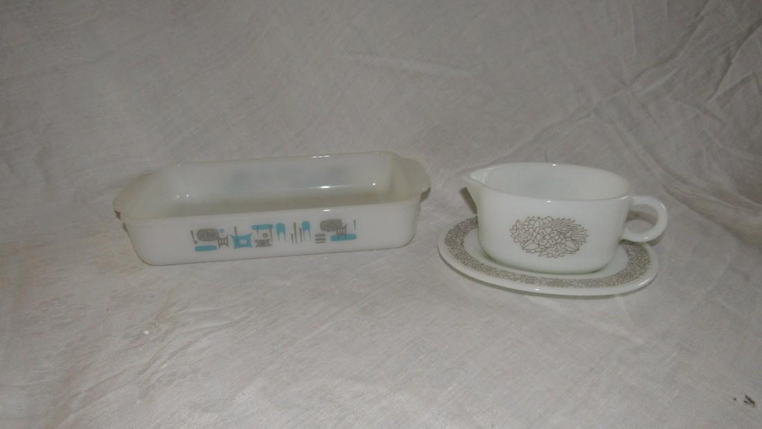 Casserole Dish & Pyrex Woodland Gravy Boat: Casserole is not marked and is approx. 6 1/2" x 12"