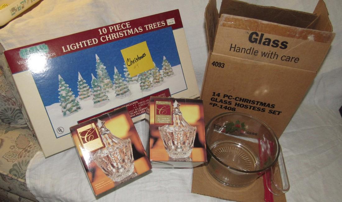 Christmas Hostess Set Lighted Trees & Crystal: Christmas Lot with Crystal Candy Dishes