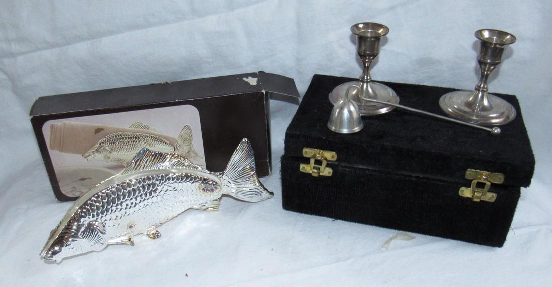 International Silver Co. Plates Candle Holders & Koi: Candle holders are approx. 3" tall and come with snuffer. Koi napkin holder is approx. 8 3/4" long. Made in Italy