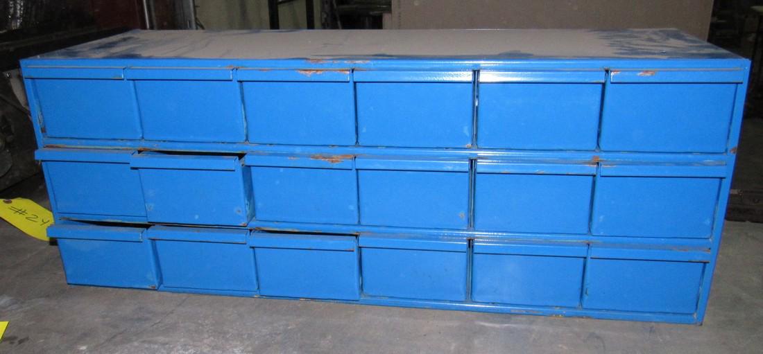 18 Drawer Parts Cabinet: Approx. 12" x 34" x 13" tall.