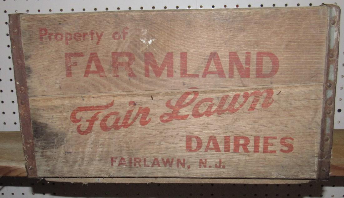 Farmland Dairies Fairlawn NJ Wooden Milk Crate: Approx. 12" x 16" x 10" tall.