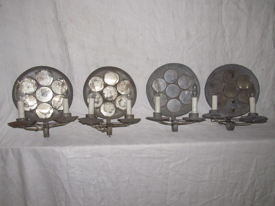 Tinware Wall Sconces with Mirrors: Approx. 9 1/4" in diameter. Some of the mirrors are faded