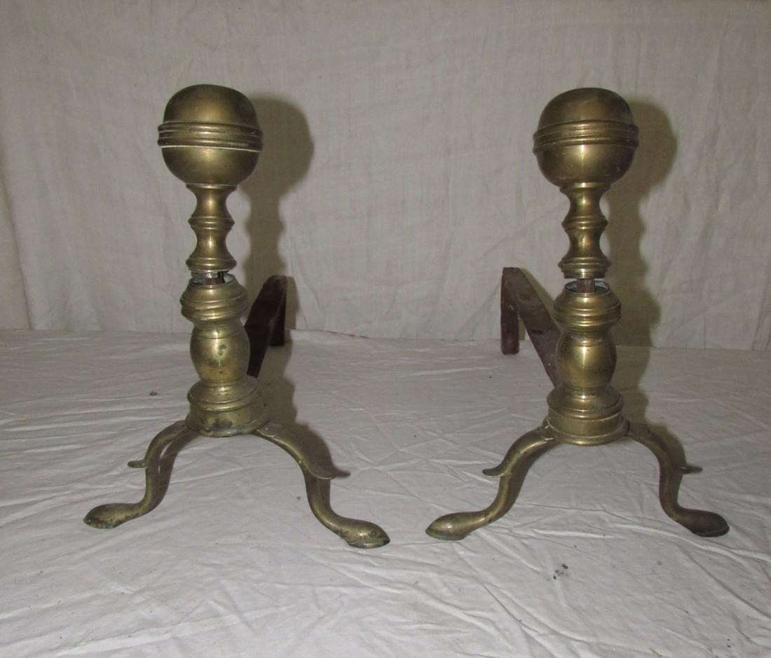 Brass Andirons: Approx. 9 1/4" wide and 13" tall. Need to be repaired