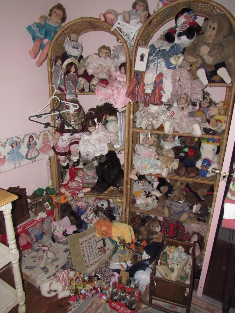 Large Lot of Dolls Stuffed Animals & Wicker Shelves (1 of 9)