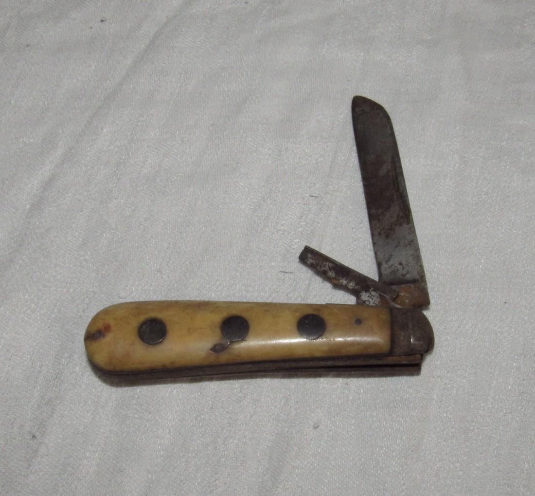 Early John Steel Bone Handle Pocket Knife: One blade is broken, handle is cracked on one side. For parts or repair.