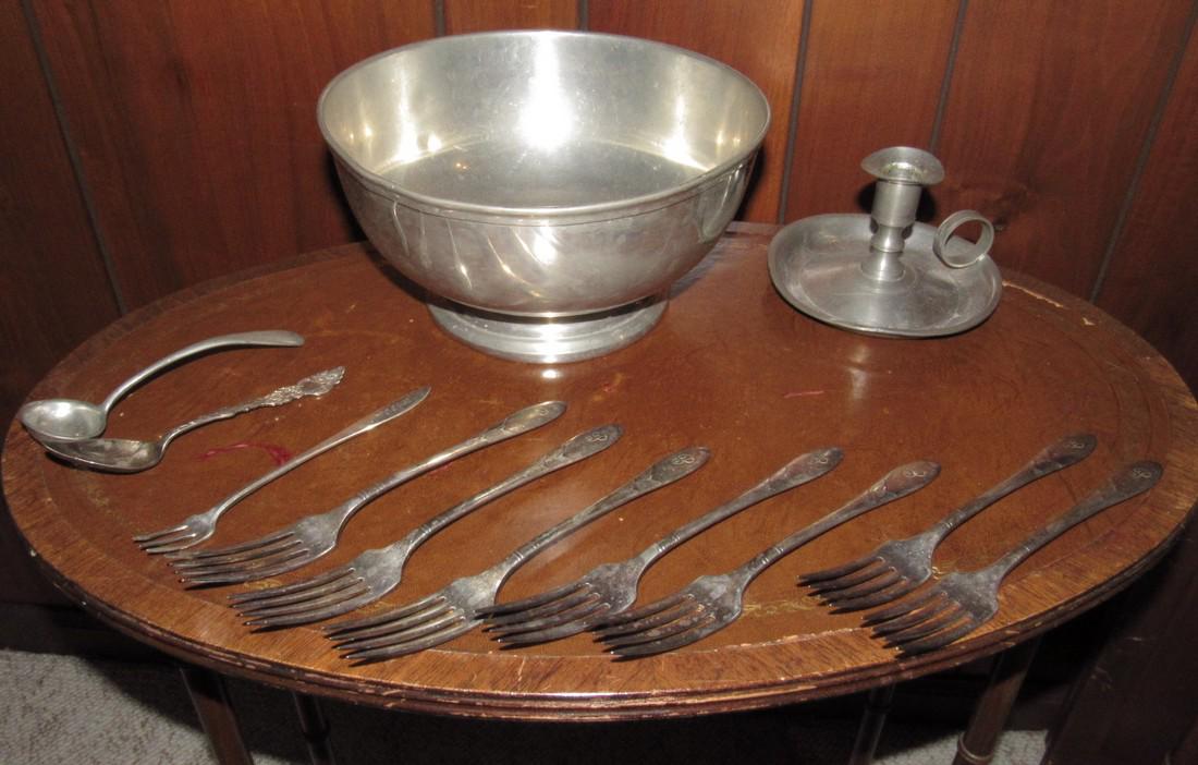 Community Silver Plate Steiff & Towle Pewter Bowl: Bowl and Candle holder are slightly out of round. Bowl is approx. 9" in diameter and has dings.