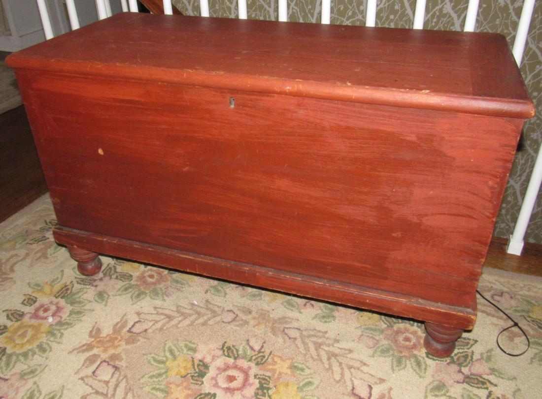 Blanket Chest in Red Paint: Approx. 16 1/4" x 36 1/2" x 22 1/4" tall.