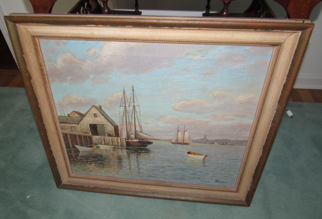 H Howe Boat Water Scene Oil on Canvas (1 of 3)