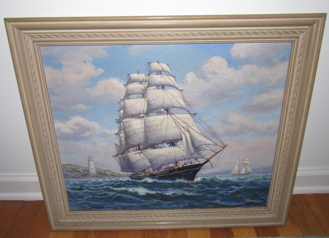 H Howe Clipper Ship Oil on Canvas Painting (1 of 5)