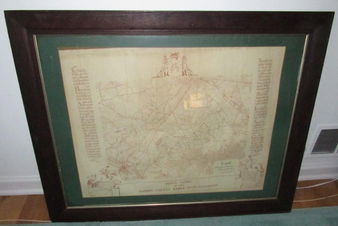 1955 John Gaston Morris County Bridle Path Map: Approx. 29" x 37" . It is loose in the frame and needs to be secured.