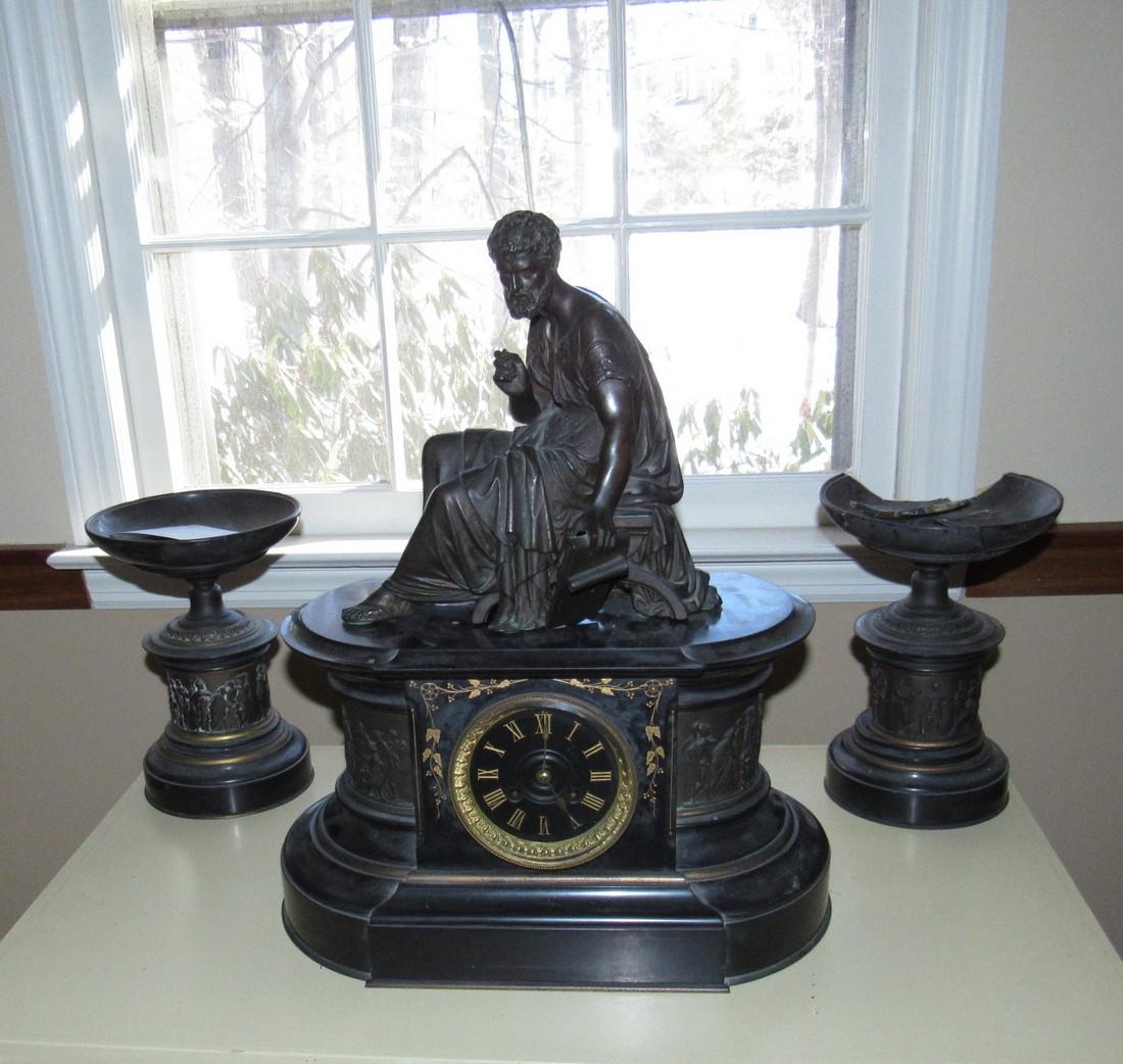 Borety ? Bronze Mantel Clock w/ Matching Urns (1 of 10)