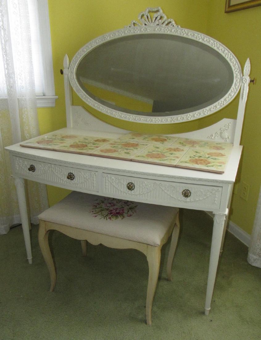 Vanity w/ Mirror & Needlepoint Stool (1 of 5)