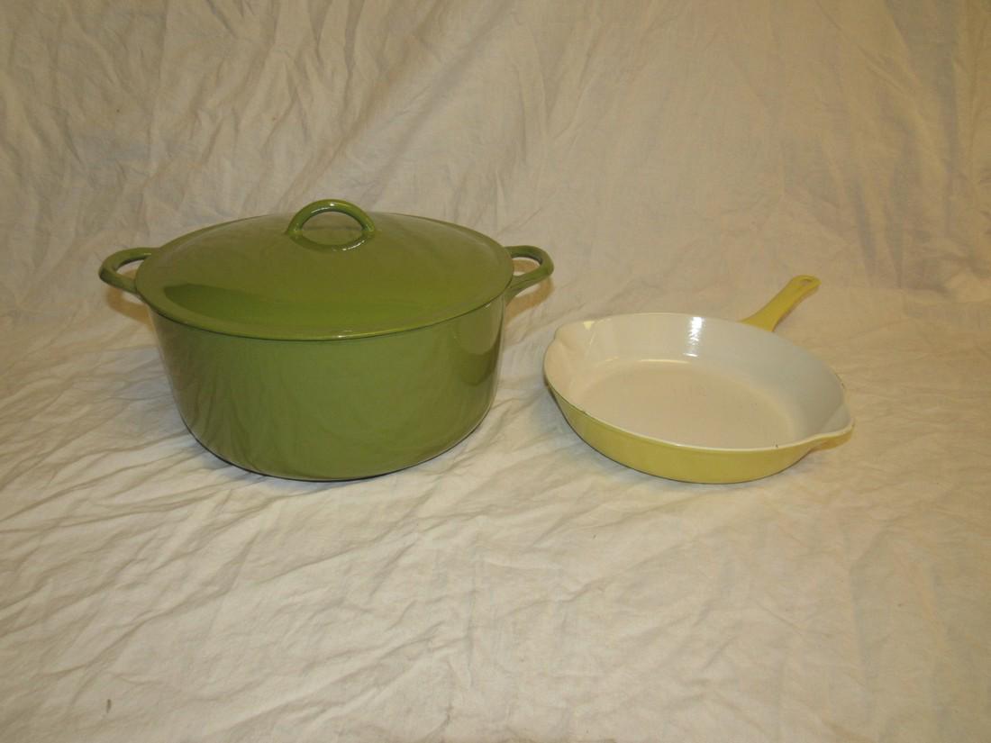 Descoware Enamel Dutch Oven & Skillet: Dutch oven is approx. 10 1/2" in diameter and skillet is 9"