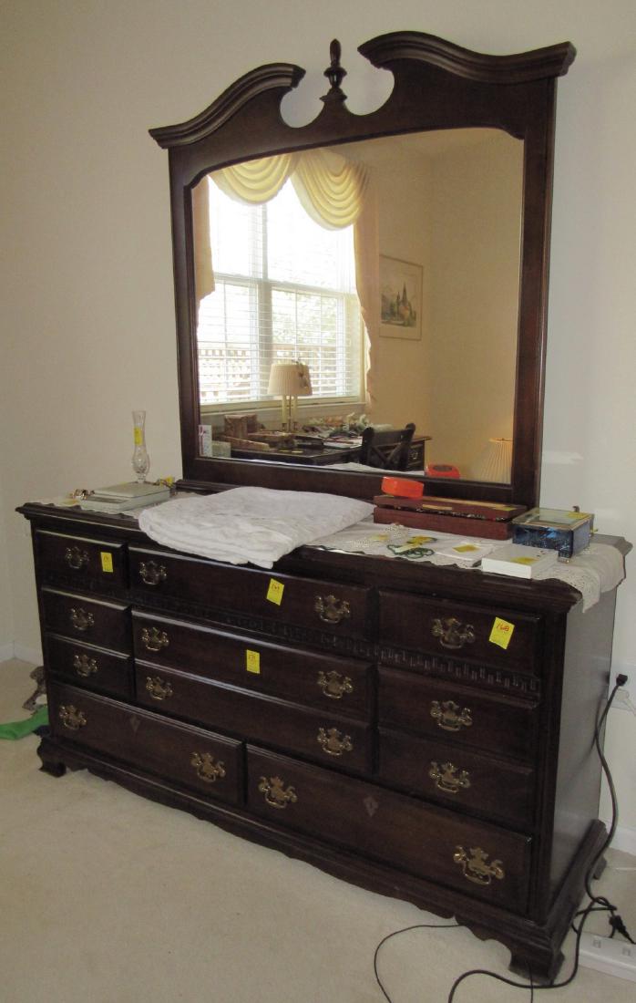 Webb Bedroom Set: Lot includes dresser ( 18" x 62" x 80" tall to top of mirror), High Chest ( 18" x 36" x 51 1/2") , Night Stand ( 16" x 24" x 23 1/2") , and Bed ( 62 1/2" x 86") . DOES NOT INCLUDE ANYTHING IN OR ON TH