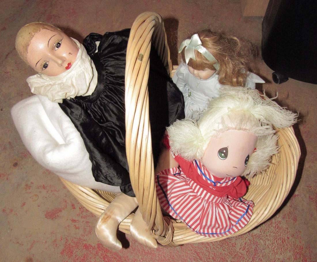 Composition Porcelain Dolls and Beanie Babies: Composition Doll is approx 25" long. Has damage to head and hands. For parts are repair. Getting all dolls pictured and basket