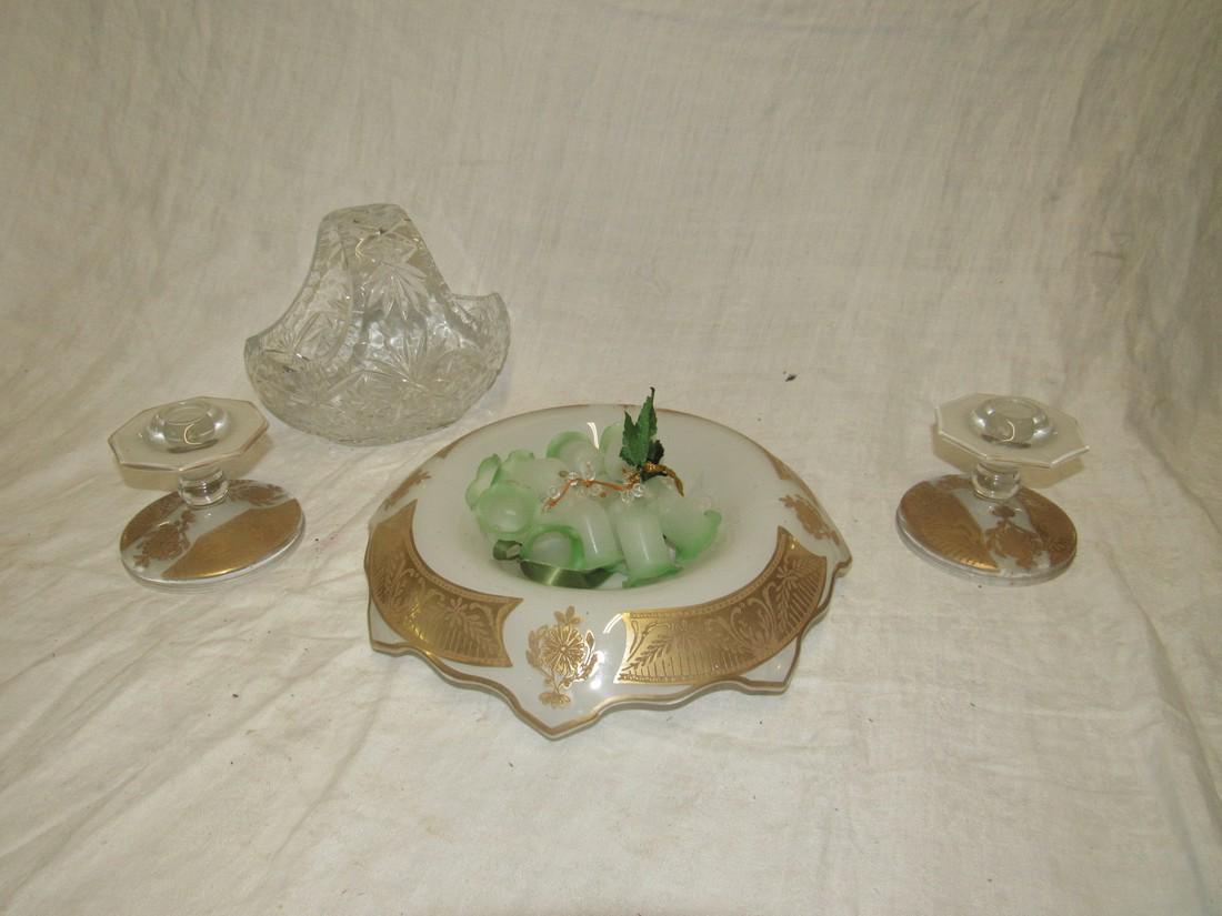 Leaded Glass Basket Candle Holders & Bowl (1 of 2)