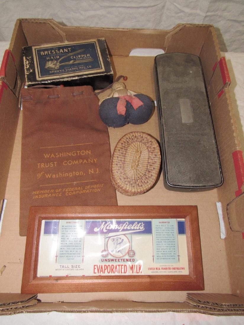 Washington Trust Money Bag Bressant Hair Clippers: Also included is basket, Milk Advertisement, Doll, & Misc