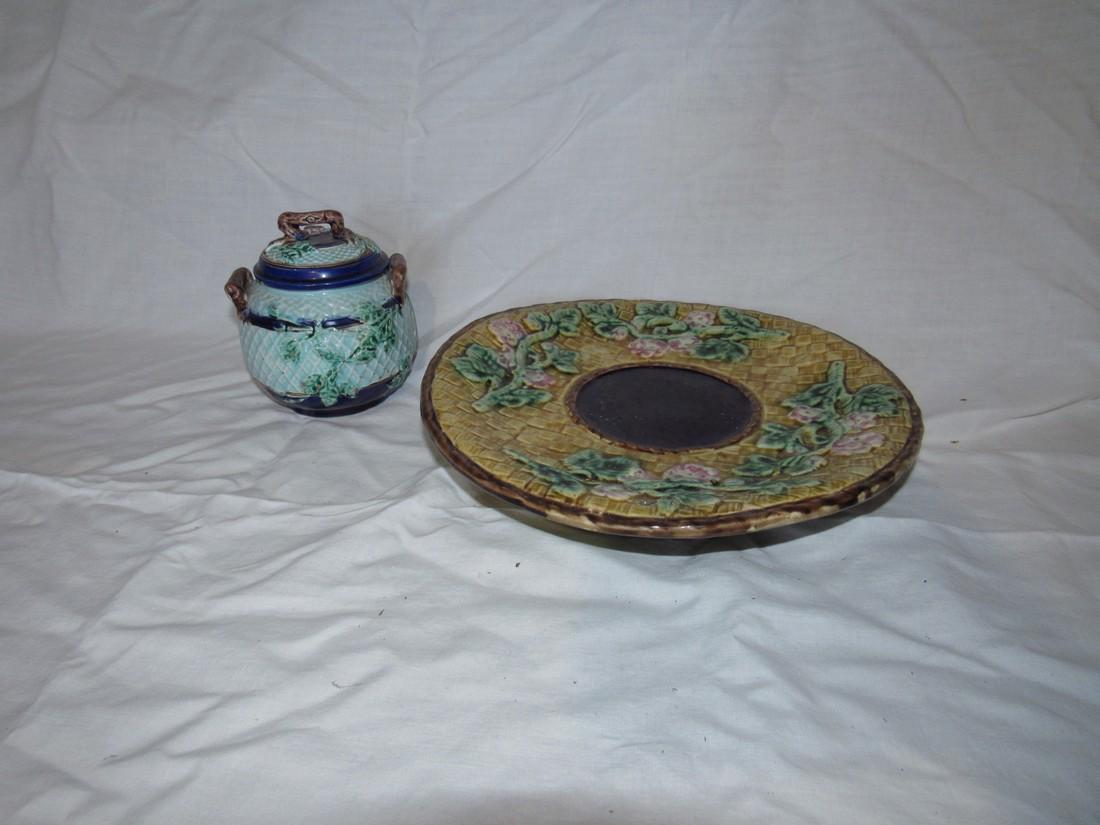 Majolica Compote and Sugar Bowl: Compote is approx. 10 3/4" in diameter. Sugar has slight chip on inside rim