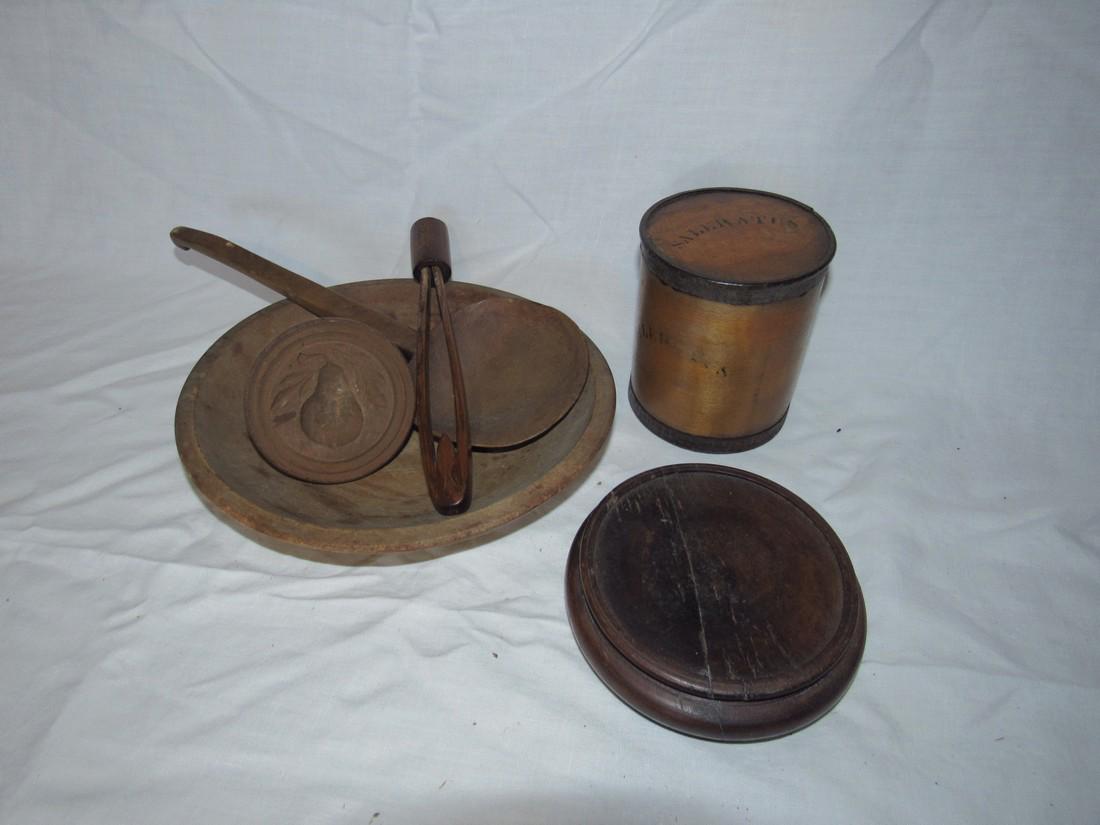 Woodenware Lot Spice Box Bowl Butter Stamp Ladle (1 of 4)