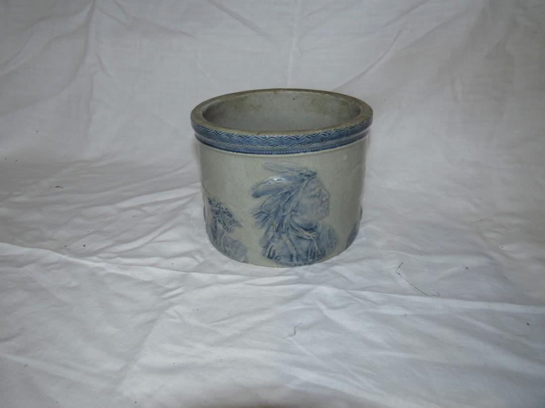 Stoneware Indian Scene Crock: Approx. 6 1/2" in diameter and 5" tall.