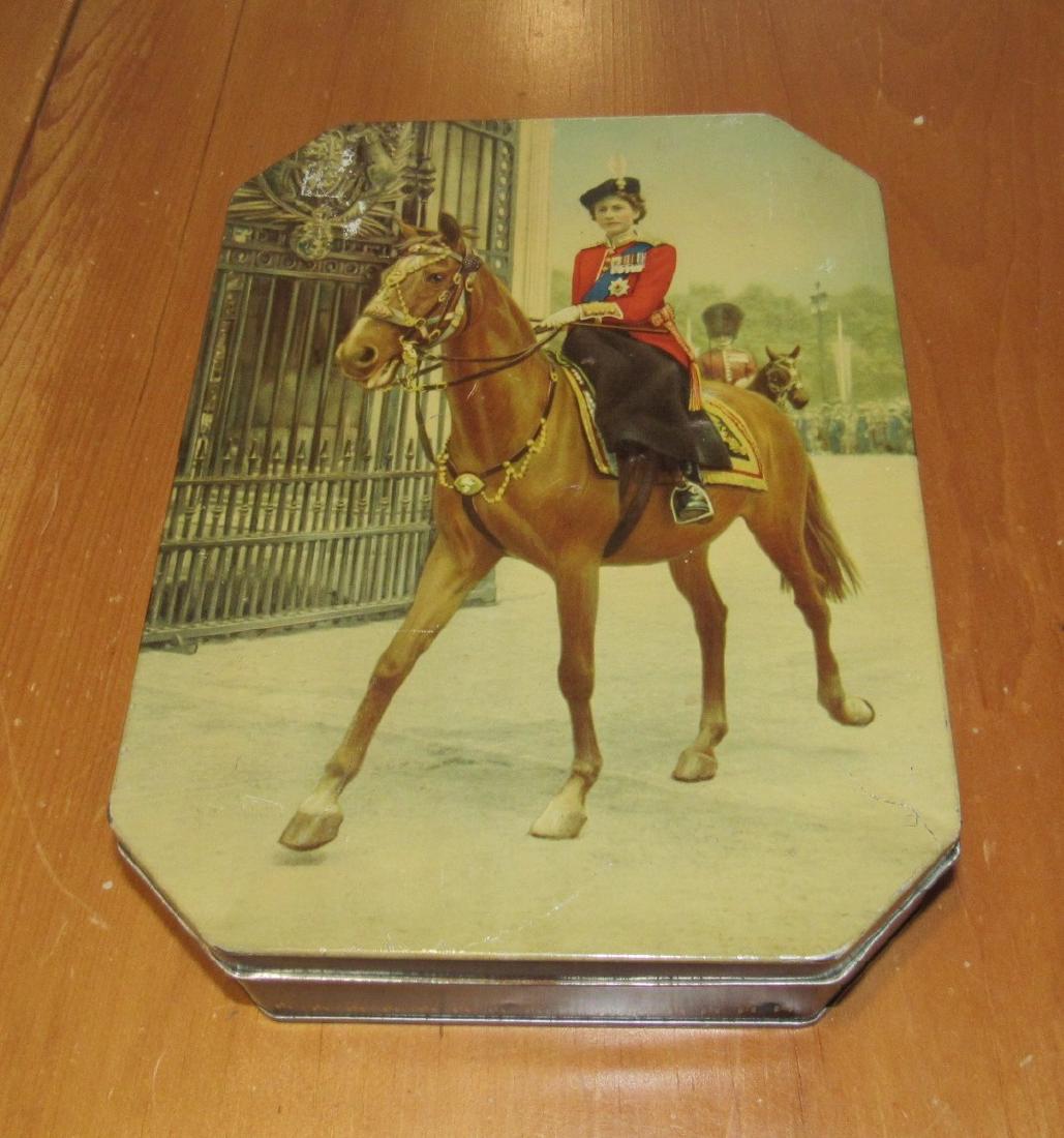 Huntley & Palmer Bisquit Tin: Approx. 7 1/2" x 10 1/4" x 2 1/4". Has a couple small creases on top