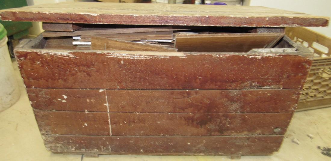 Wood Box: Approx. 17 1/2" x 33" x 18" tall. Filled with kindling wood. Must take all