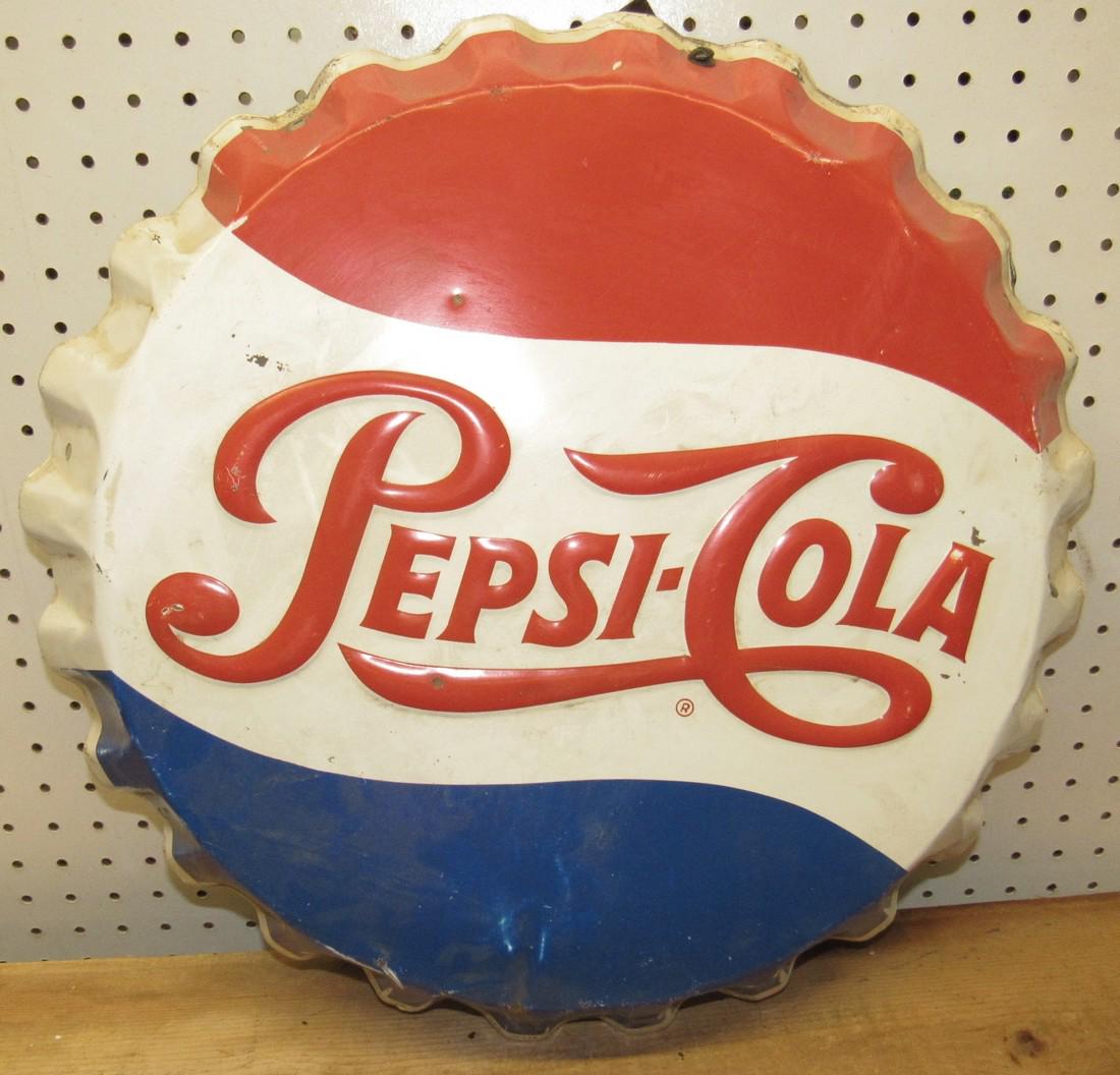 19 1/4" Pepsi Cola Soda Sign: Approx. 19 1/4" in diameter. Has crease towards bottom