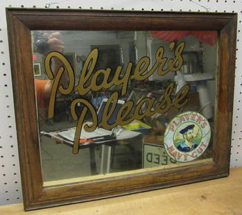 Player's Navy Cut Tobacco Reverse Painted Mirror: Approx. 18" x 22". Has some mirror loss on bottom right corner