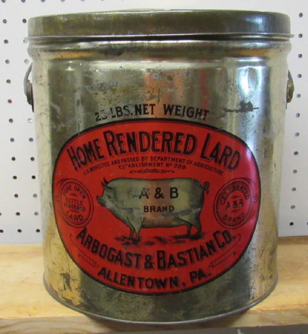 Arbogast & Bastian Allentown PA Lard Can 10" tall: Approx. `10" in diameter and 10 1/2" tall
