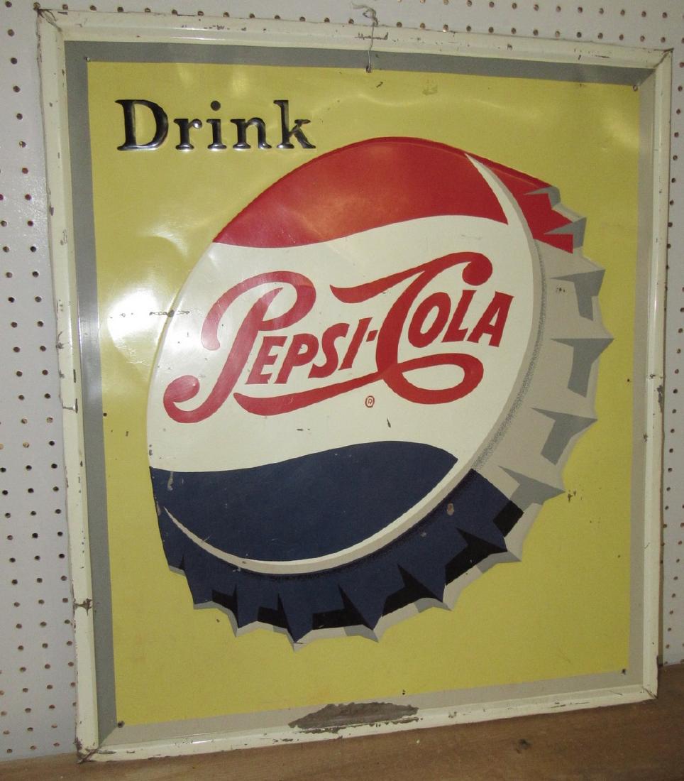 Pepsi Cola Soda Sign 26"X 30": Has some creases , paint loss, & dings.