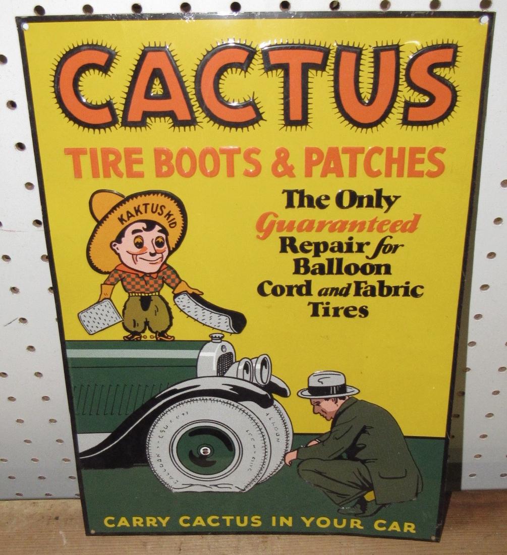 Cactus Tire Boots & Patches Reproduction Sign: Approx. 9 1/2" x 13 1/2". This is a reproduction