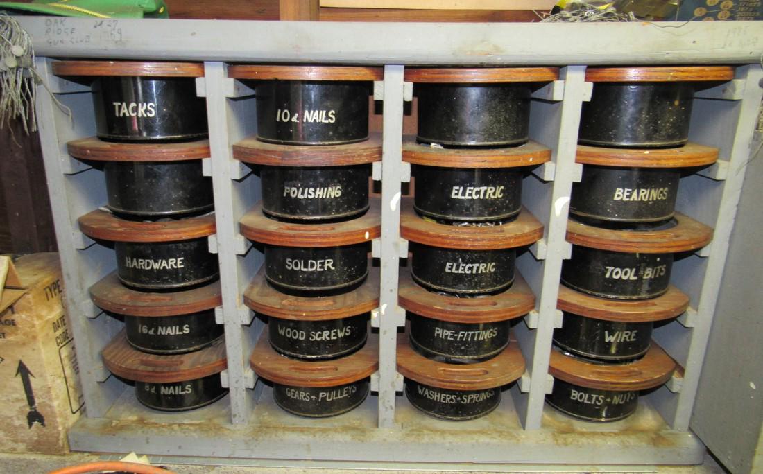 Coffee Can Parts Cabinet: Approx. 7" x 31" x 20" tall. Includes all hardware in it.