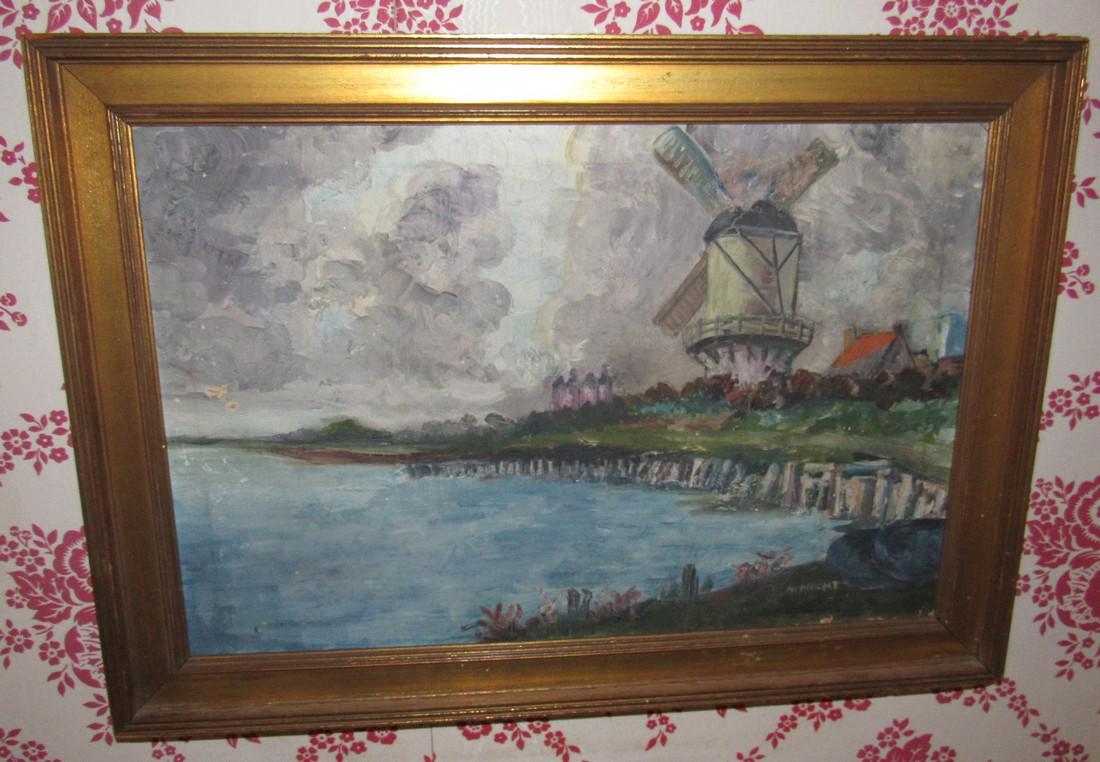 Hecht Oil on Canvas Painting Windmill Ocean Scene (1 of 6)