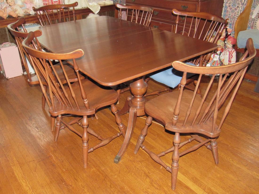 Table & 6 Chairs: Table is approx. 40" x 62" x 29 1/2" tall. Comes with 6 chairs total, 2 are arm chairs