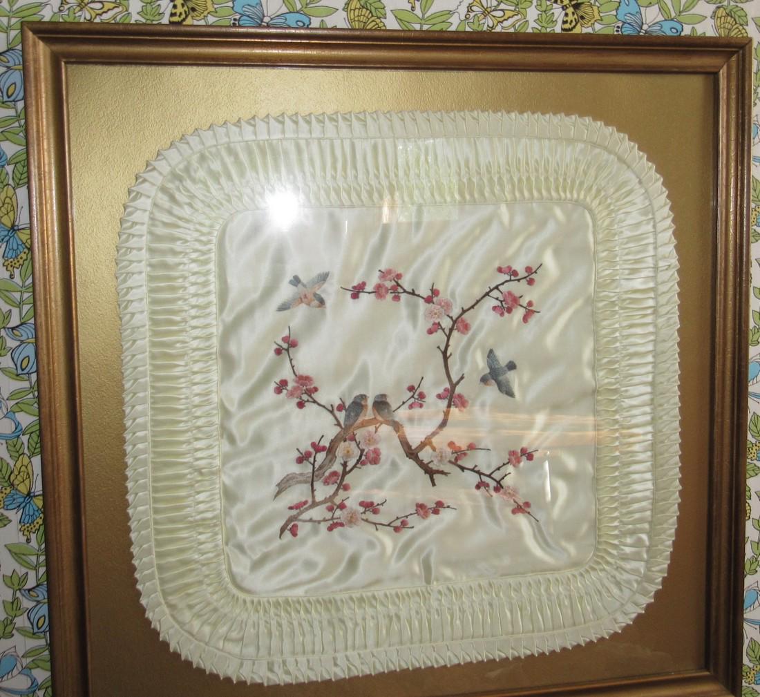 Framed Ebroidered Birds Pillow Case (1 of 2)