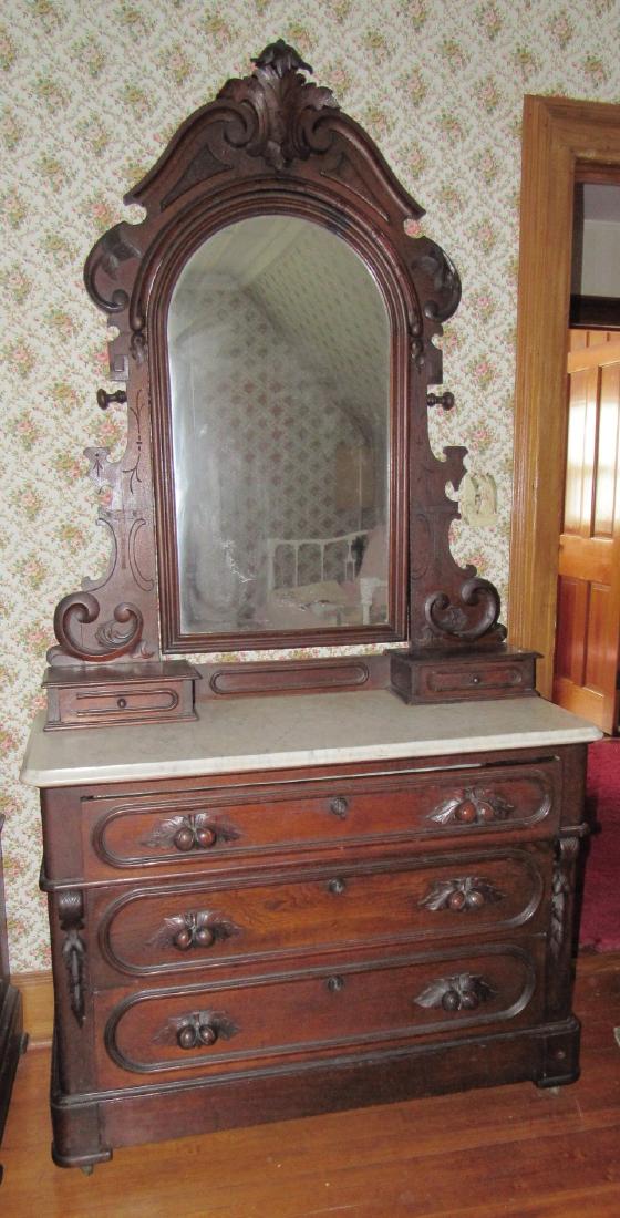 Walnut Victorian Marble Top Dresser with Mirror