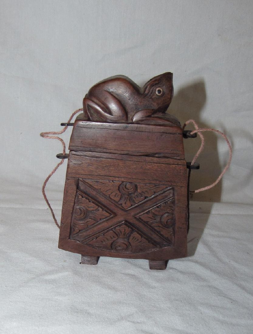 Carved Wooden Frog Cigarette Holder Box: Approx. 1 1/4" x 3 1/4" at base and 5" tall