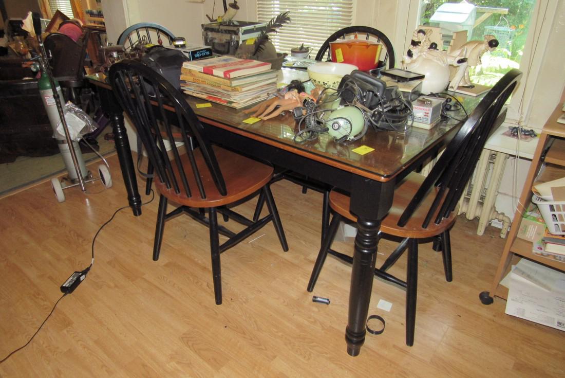 Table and 4 Chairs Only: Table is approx. 36" x 60" x 29 1/2" tall. Glass top is broken. DOES NOT INCLUDE ITEMS ON IT