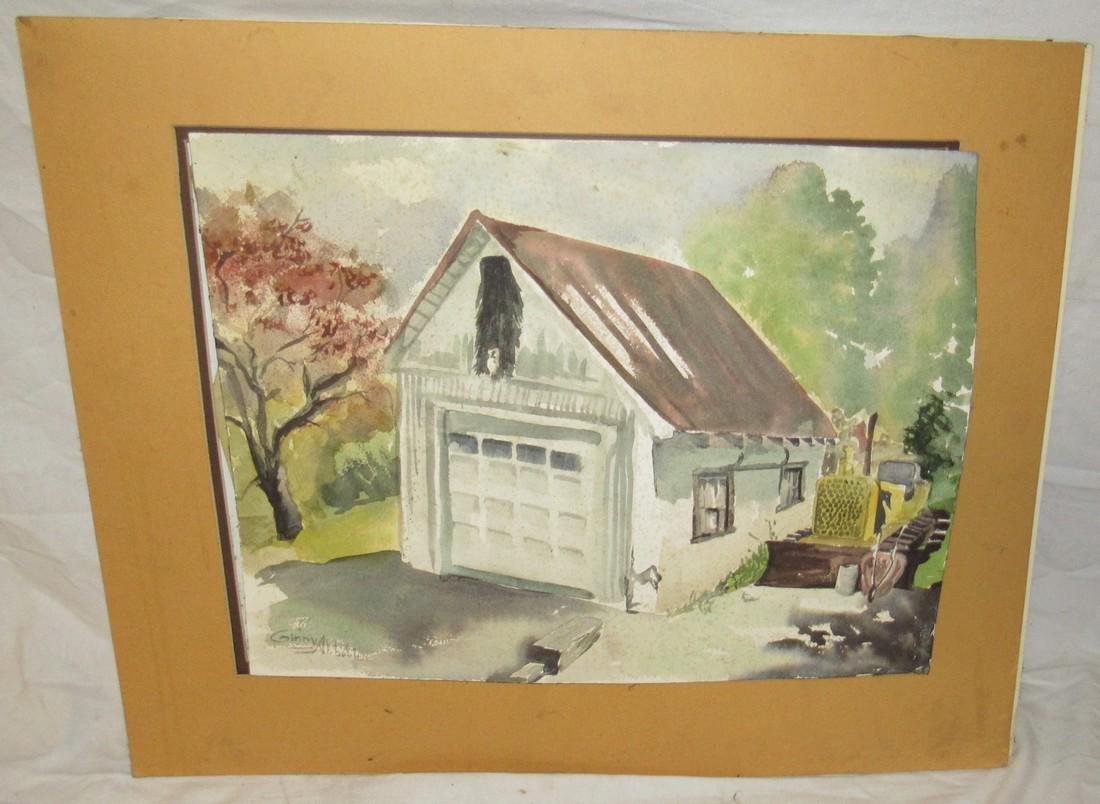 Ginny Abbott Garage w/ Bulldozer Watercolor Painting: Approx. 12" x 16"