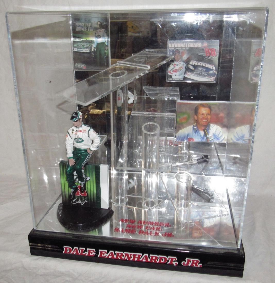 Dale Earnhardt Jr Display Case: Approx. 10" x 14" x 16" tall. The bottom mirror is broken and the middle stand is just sitting in there.