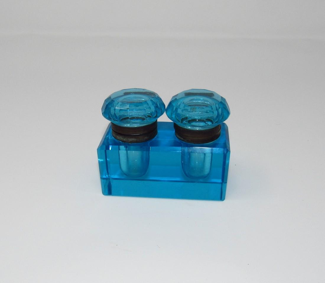Early Double Blue Iced Glass Double Inkwell (1 of 5)