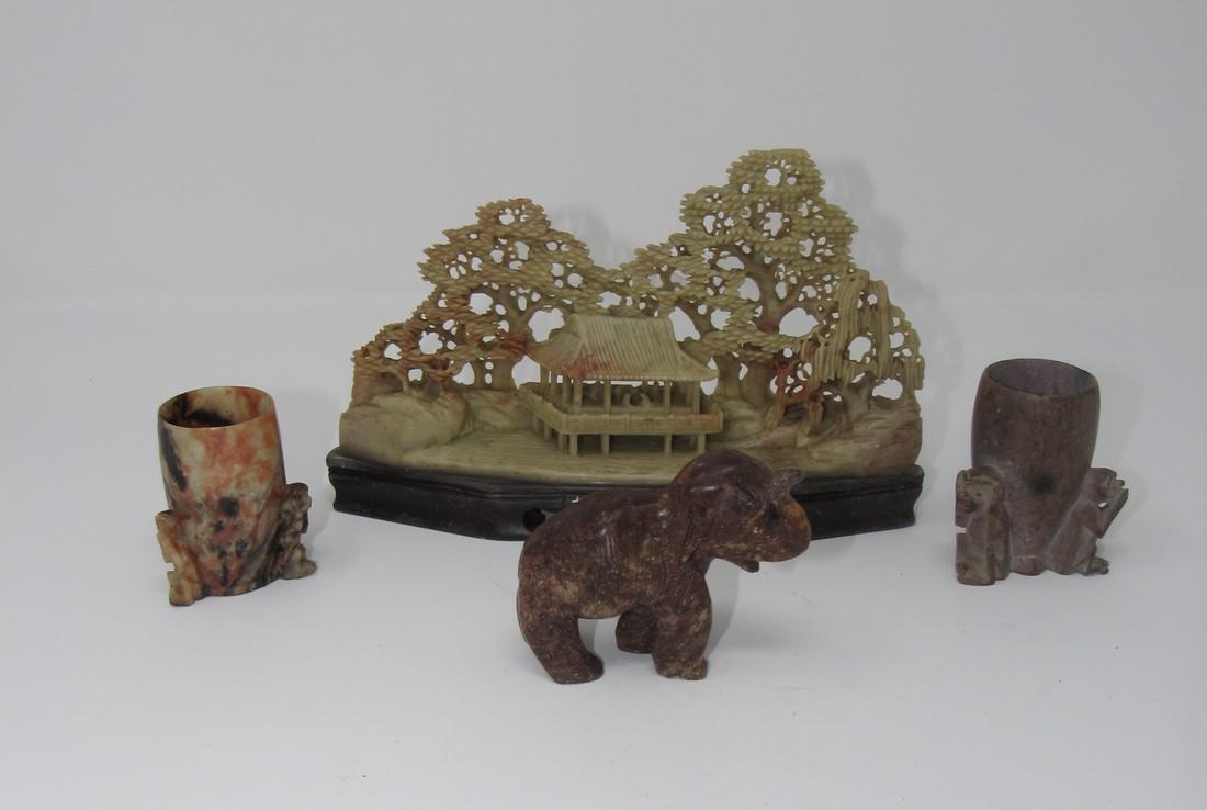 Soapstone Monkey Toothpick Holders Elephant & Carving: Carving in back is approx. 8" long and 5" tall. Toothpick holder on right has small chip at top.